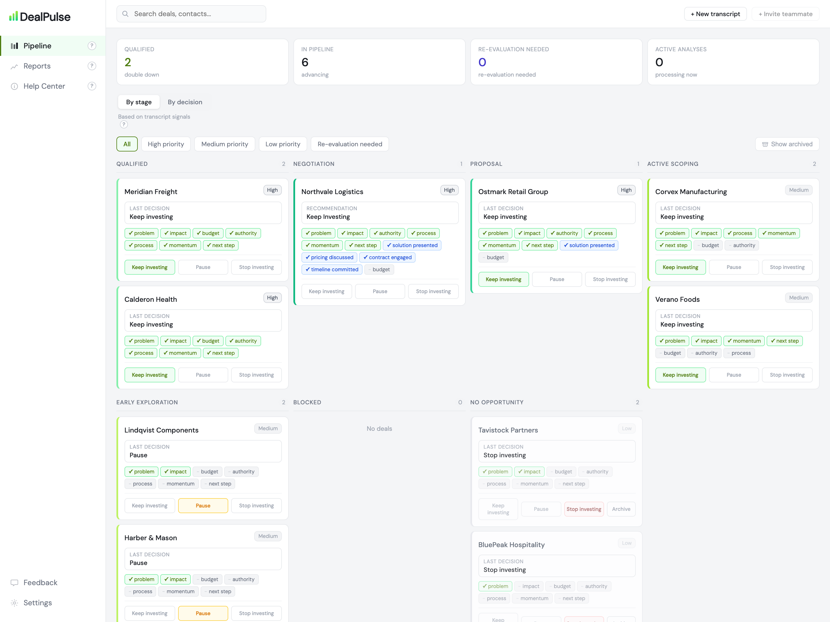 The DealPulse pipeline board with deals grouped by stage