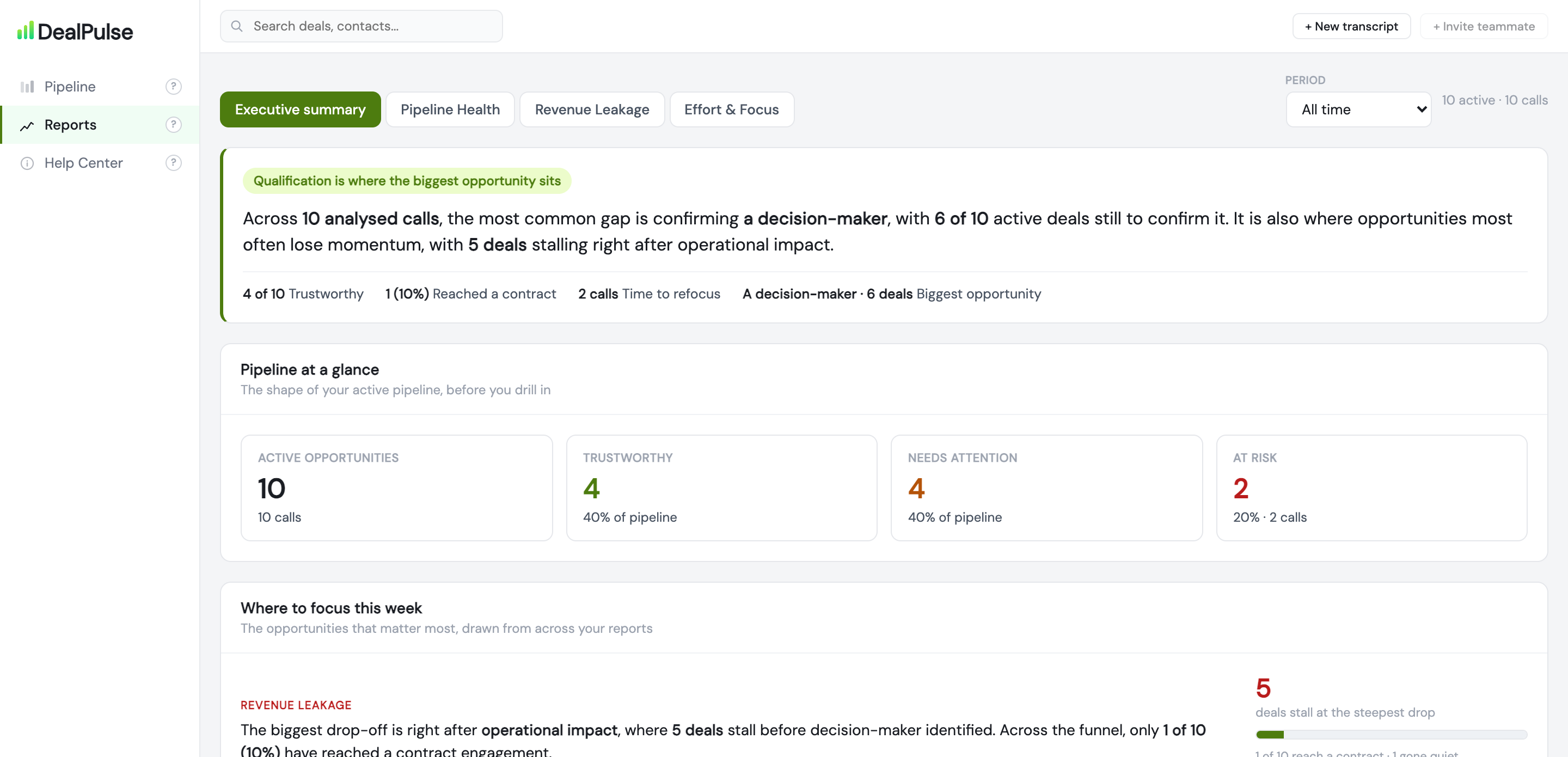 DealPulse reports with an executive summary and pipeline metrics